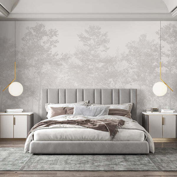Eco-friendly wall mural with soft, desaturated forest imagery, suitable for renters looking for temporary nature backdrops.