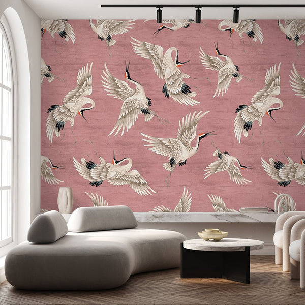 Flying Pink Japanese Cranes Wall Mural WM115 - CostaCover - Peel and stick Removable Wallpaper - accent wallpaper - adhesive wallpaper - animal texture