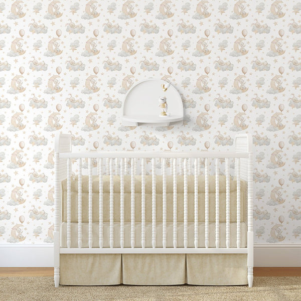Cute Bunnies on Clouds Wallpaper S108 - CostaCover - Peel and stick Removable Wallpaper - accent wallpaper - adhesive wallpaper - animal print
