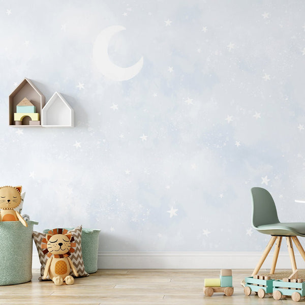 Pastel Blue Moon & Stars Wall Mural SM074 - CostaCover - Peel and stick Removable Wallpaper - Abstract - abstract wall art - abstract wallpaper