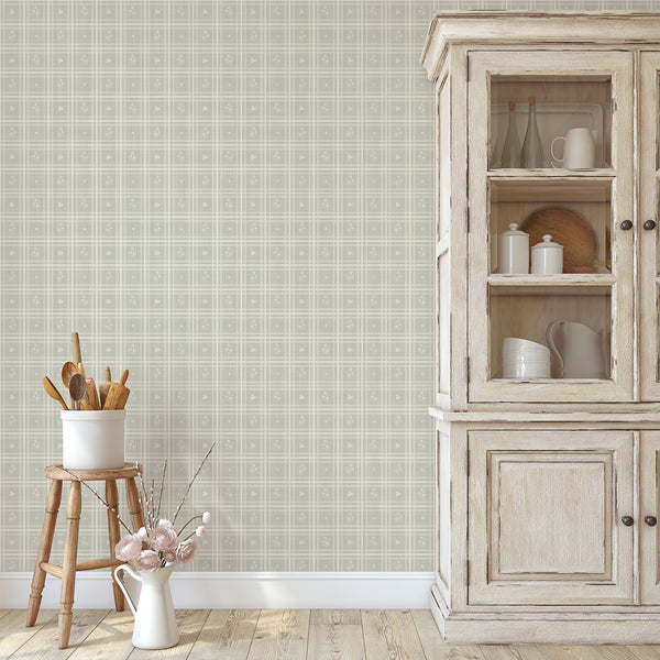 Sage Green Plaid Floral Wallpaper L147