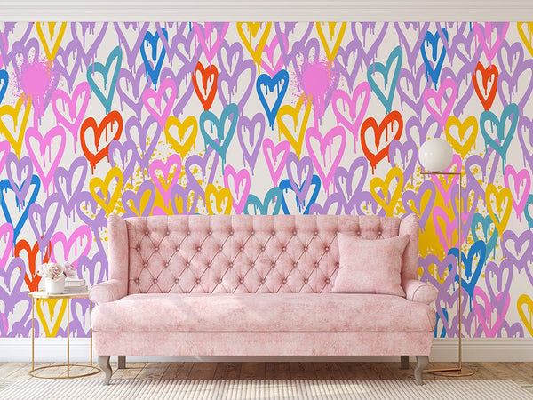 Colorful Graffiti Hearts Wall Mural WM046 - CostaCover - Peel and stick Removable Wallpaper - Abstract - abstract lines - abstract wall art