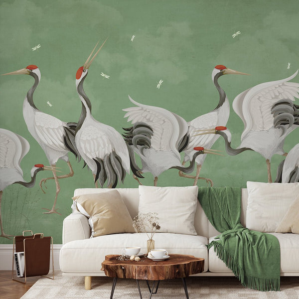 Green Japanese Cranes Wall Mural WM110 - CostaCover - Peel and stick Removable Wallpaper - accent wallpaper - adhesive wallpaper - bathroom wallpaper