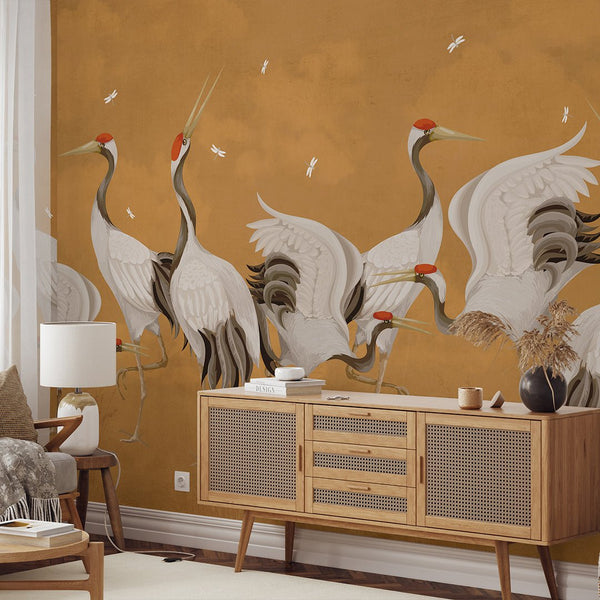 Mustard Color Japanese Cranes Wall Mural WM112 - CostaCover - Peel and stick Removable Wallpaper - accent wallpaper - adhesive wallpaper - bathroom wallpaper