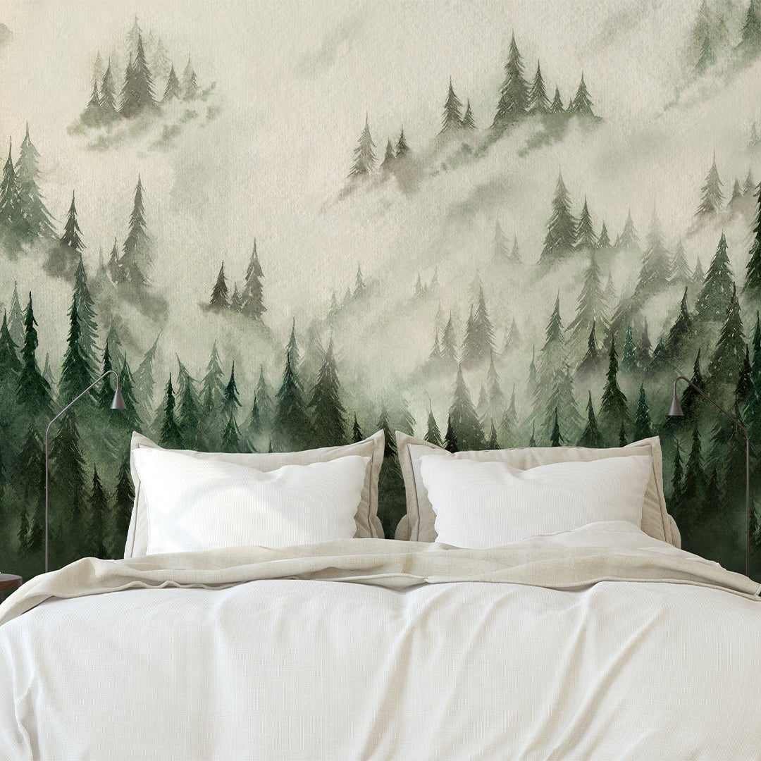 Watercolor Foggy Forest Wall Mural with misty trees