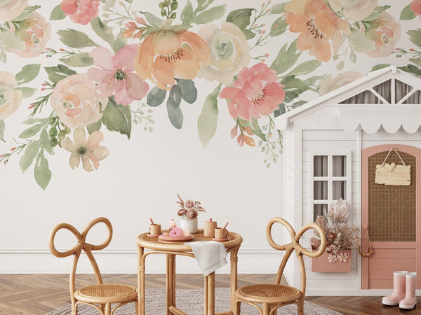 Pink Orange & Green Flowers Wall Mural WM005 - CostaCover - Peel and stick Removable Wallpaper - adhesive wallpaper - bedroom wallpaper - botanical