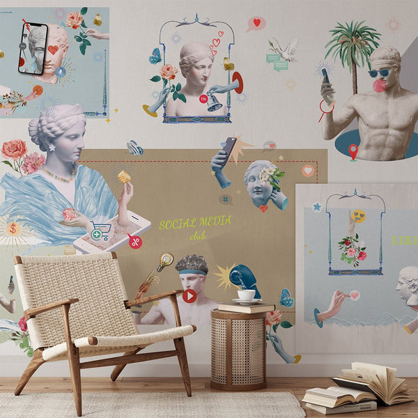 Social Media with Greek Statues Wall Mural CCM153 - CostaCover - Peel and stick Removable Wallpaper - Abstract - abstract mural - abstract wallpaper