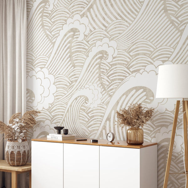 Japanese Beige Waves Wall Mural WM016 - CostaCover - Peel and stick Removable Wallpaper - adhesive wallpaper - bathroom wallpaper - bedroom wallpaper