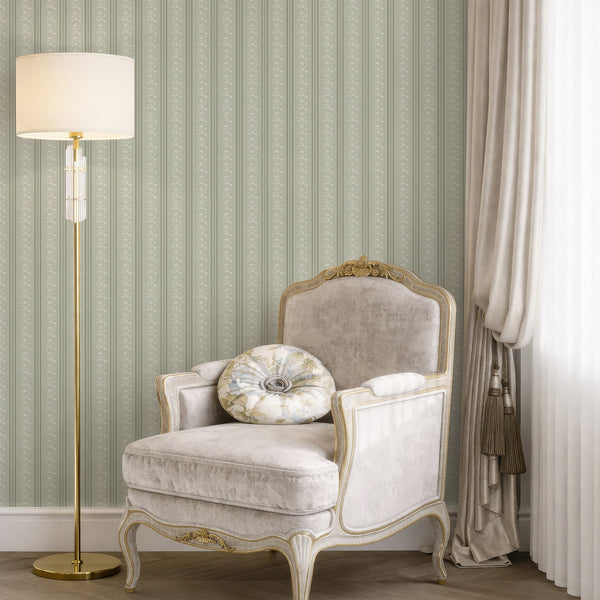 Sage Green Floral Stripe Wallpaper L130