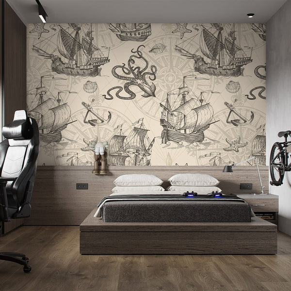 Vintage Nautical Sketch Wall Mural AM168 - CostaCover-Peel and stick Removable Wallpaper-accent wallpaper-adhesive wallpaper-bathroom wallpaper