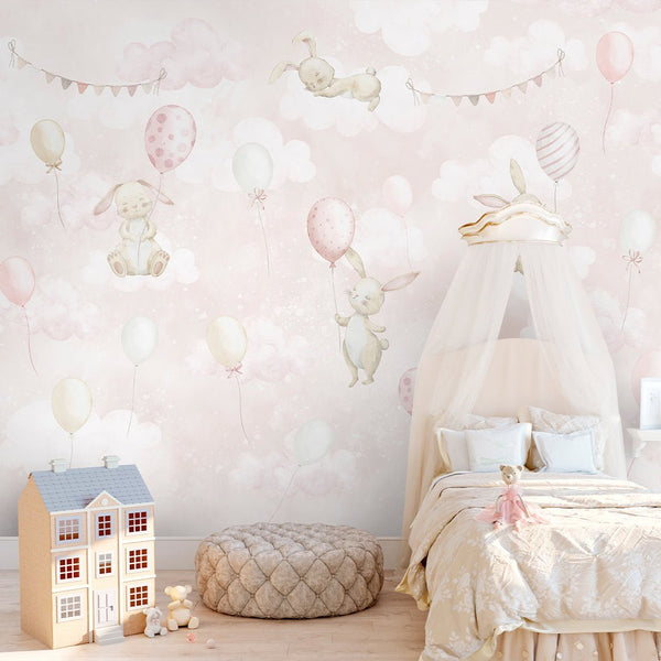 Pink Bunny & Balloons Wall Mural SM077 - CostaCover - Peel and stick Removable Wallpaper - abstract wall art - abstract wallpaper - accent wallpaper