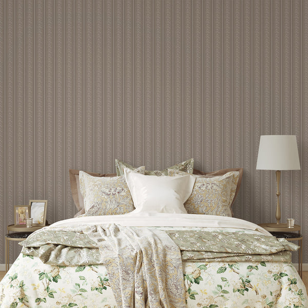 Taupe Beige Floral Stripe Wallpaper L127