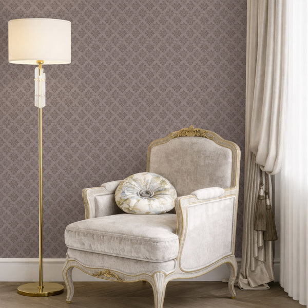 Close view of taupe floral damask with distressed finish, ideal for bedroom accent walls. The high-quality removable material allows for easy repositioning, blending beautifully with modern farmhouse themes. A traditional unpasted wallpaper option for decorators aiming for a subtle, mid-scale floral design.