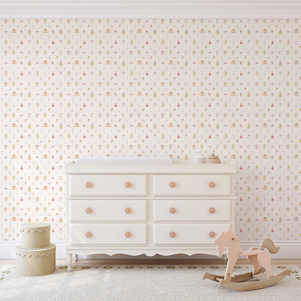 Storybook princess nursery wallpaper featuring tiny castles, royal carriages, roses, crowns, mirrors and elegant fairy tale decorations.