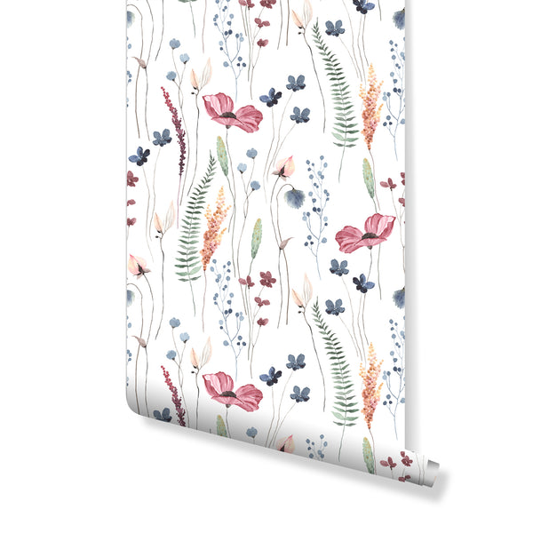 Wildflowers Wallpaper with a delicate botanical print of scattered stems and small blooms in watercolor tones like muted blue, dusty rose, and pale green on a white background. This airy design is perfect for a cottagecore bedroom or nursery, offering a calming atmosphere with its non-dense layout.