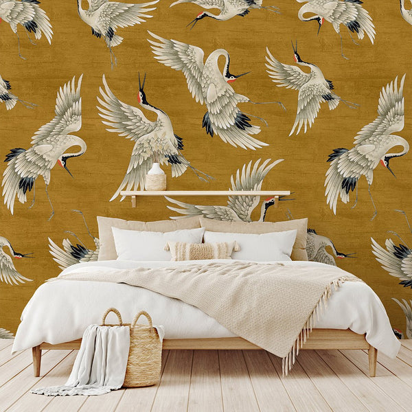 Flying Mustard Japanese Cranes Wall Mural WM113 - CostaCover - Peel and stick Removable Wallpaper - accent wallpaper - adhesive wallpaper - animal texture