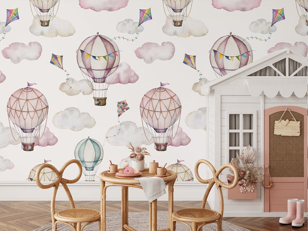 Pink Air Balloons & Clouds Wallpaper W072 - CostaCover - Peel and stick Removable Wallpaper - abstract wallpaper - accent wallpaper - adhesive wallpaper