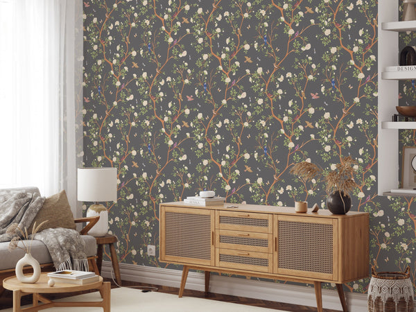 Dark Gray Blossom Trees Wallpaper W057 - CostaCover - Peel and stick Removable Wallpaper - adhesive wallpaper - bedroom interior - bedroom wallpaper