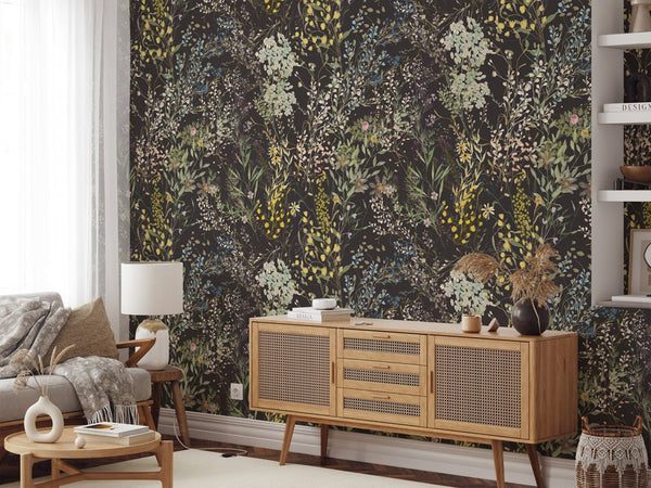 Dark Wildflowers Wallpaper W053 - CostaCover - Peel and stick Removable Wallpaper - adhesive wallpaper - bathroom wallpaper - bedroom interior