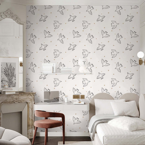 Black Birds & Stars Wallpaper S052 - CostaCover - Peel and stick Removable Wallpaper - abstract lines - abstract wall art - abstract wallpaper