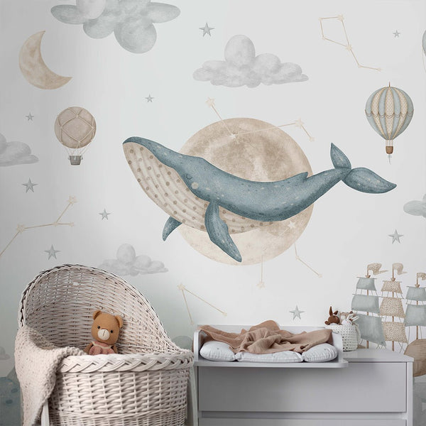 Whale Moon Sky Cloud Wall Mural SM006 - CostaCover - Peel and stick Removable Wallpaper - accent wallpaper - adhesive wallpaper - animal print