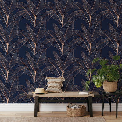 Dark Blue Banana Leaves Wallpaper CC318