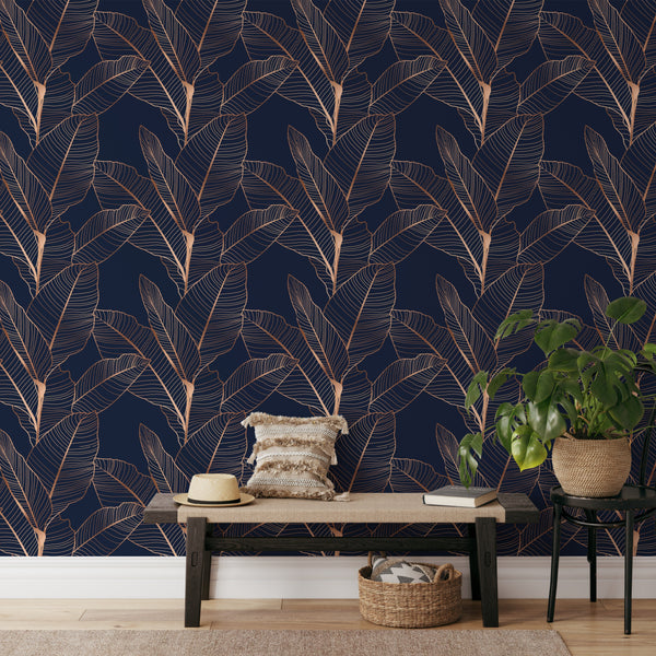 Dark Blue Banana Leaves Wallpaper CC318 - CostaCover - Peel and stick Removable Wallpaper - abstract floral - aqua blue - Aqua blue wallpaper