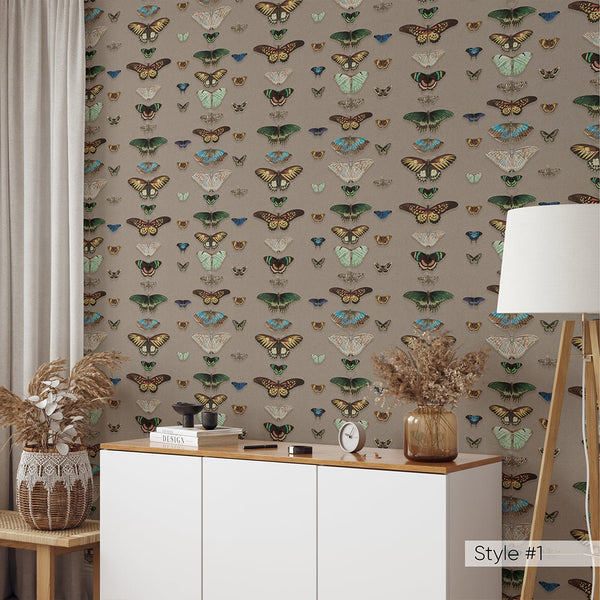 Beige Green Retro Butterflies Wallpaper W159 - CostaCover - Peel and stick Removable Wallpaper - accent wallpaper - adhesive wallpaper - bathroom wallpaper