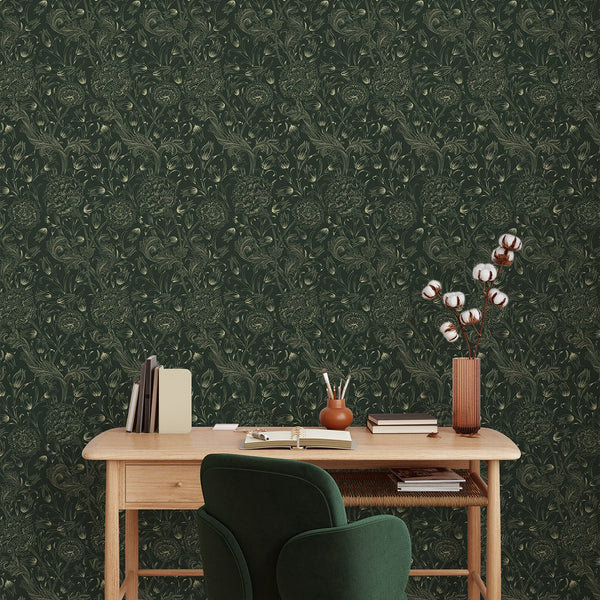 Dark Green Wild Tulip by Morris Wallpaper W113 - CostaCover - Peel and stick Removable Wallpaper - abstract floral - accent wallpaper - adhesive wallpaper