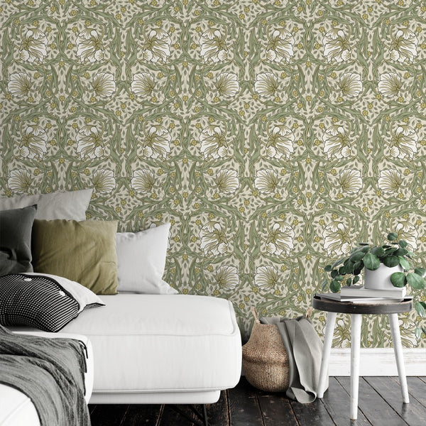 White & Green Pimpernel by Morris Wallpaper W083 - CostaCover - Peel and stick Removable Wallpaper - abstract floral - abstract wall art - abstract wallpaper