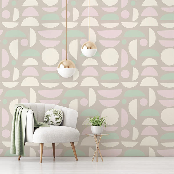 Create a modern look with pastel geometric wallpaper featuring circles and arcs in mint, pink, and taupe. Ideal for hallways or nurseries, this self-adhesive design provides a clean, orderly pattern with eco-friendly materials, ensuring easy application and repositioning.