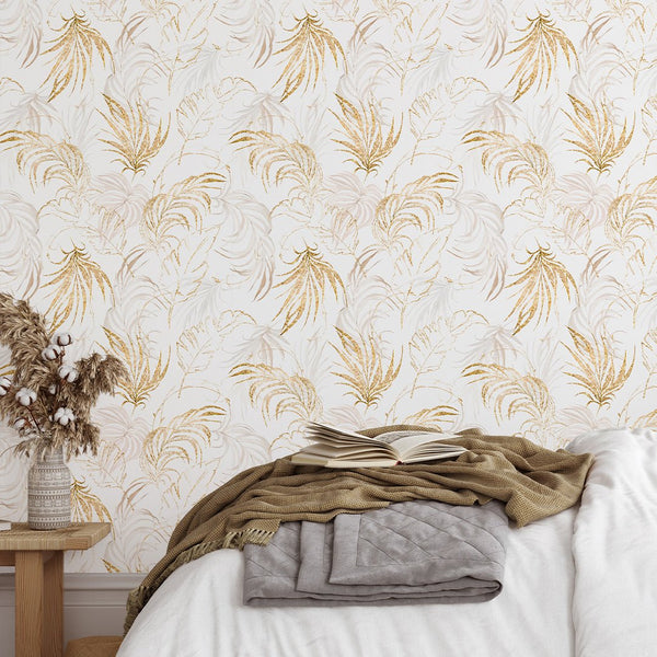 Beige & Gold Palm Leaves Wallpaper W135 - CostaCover - Peel and stick Removable Wallpaper - Abstract - Abstract Beige Gold Stripes Waves Removable Wallpaper - Abstract Beige Gold Stripes Waves Removable Wallpaper near me