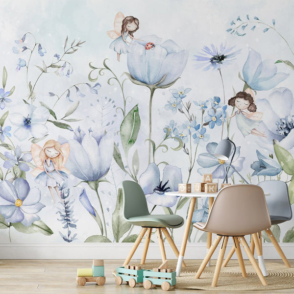 Cute Blue Flower Fairy Wall Mural SM054 - CostaCover - Peel and stick Removable Wallpaper - accent wallpaper - adhesive wallpaper - baby bedroom