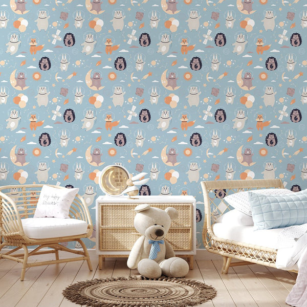 Cute Space Animals Wallpaper S127 - CostaCover-Peel and stick Removable Wallpaper-accent wallpaper-adhesive wallpaper-animal print
