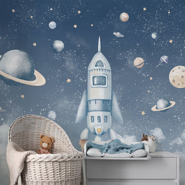 Blue Spaceship & Planets Wall Mural SM090 - CostaCover - Peel and stick Removable Wallpaper - accent wallpaper - adhesive wallpaper - baby bedroom
