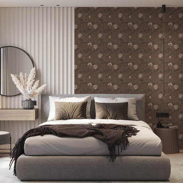 A tightly packed botanical pattern with stems and blossoms in muted taupe and brown. Ideal for cottagecore interiors, this wallpaper adds a vintage touch to studies or cozy sitting areas.