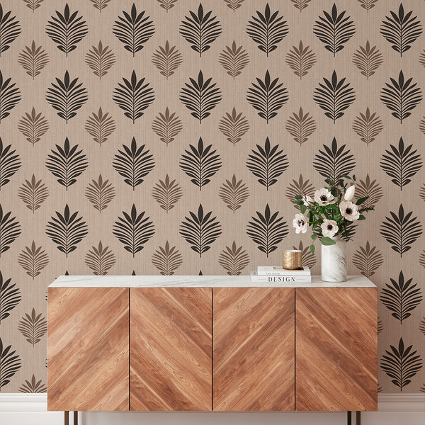 Beige Black Leaf Wallpaper L026