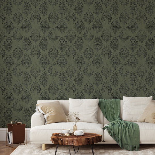 Pre-pasted wallpaper with a distressed damask pattern, offering a sophisticated, textured look for elegant rooms.