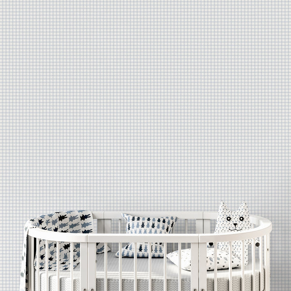 Blue geometric peel and stick wallpaper with a decorative trellis pattern, ideal for a bedroom, living room, entryway or stylish home office.