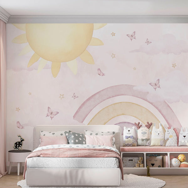 Pink Rainbow & Sun Wall Mural AM144 - CostaCover-Peel and stick Removable Wallpaper-accent wallpaper-adhesive wallpaper-baby bedroom