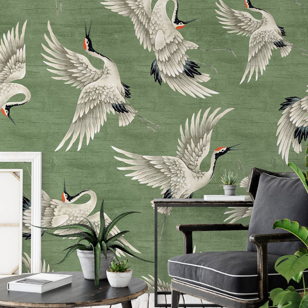 Flying Green Japanese Cranes Wall Mural WM118 - CostaCover - Peel and stick Removable Wallpaper - accent wallpaper - adhesive wallpaper - animal texture