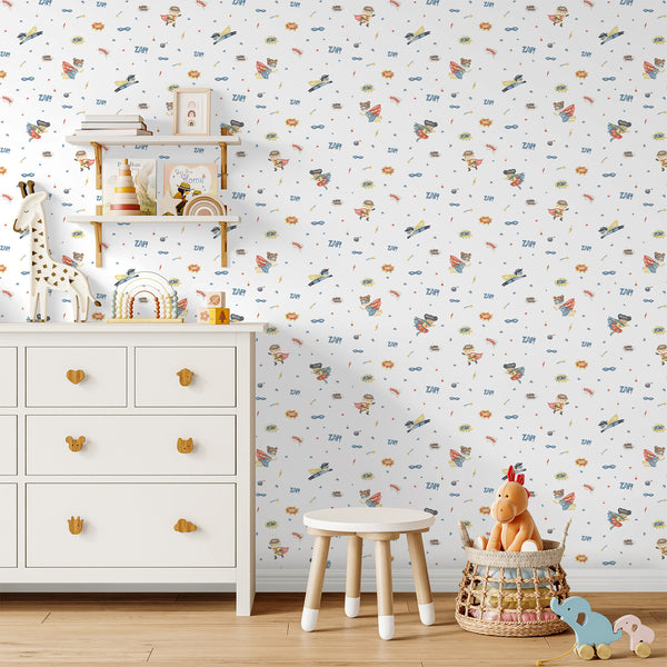 Kids superhero wallpaper featuring playful watercolor heroes, comic book symbols, colorful stars and action words for a boys or girls bedroom.