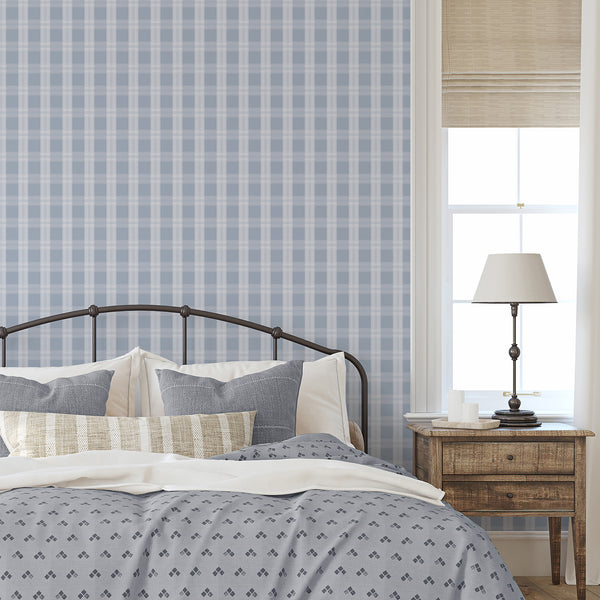 Soft blue plaid wallpaper with white checks and subtle woven-style lines, ideal for nursery wallpaper, coastal bedrooms, or modern living rooms.