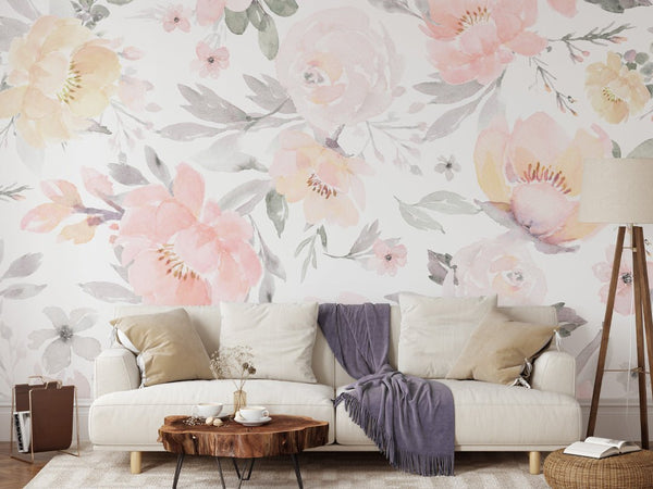 Pink & Yellow Flowers Wall Mural WM003 - CostaCover - Peel and stick Removable Wallpaper - accent wallpaper - adhesive wallpaper - bedroom wallpaper