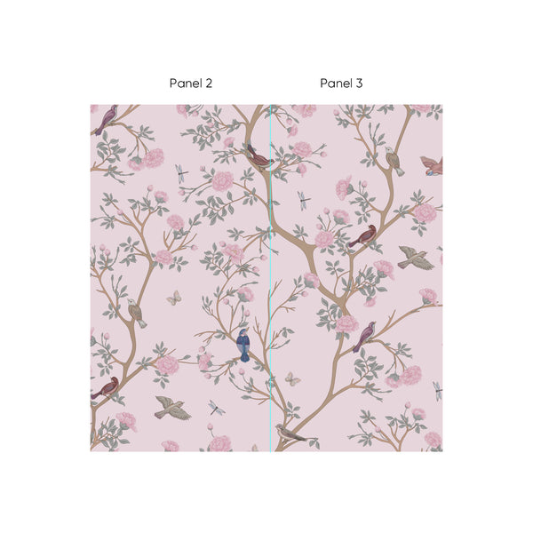 Blush Blossom Tree wallpaper with pink flowers and sage leaves on a pale background. This romantic floral design is perfect for a bedroom or powder room, offering a removable and eco-friendly wall covering that is easy to apply.