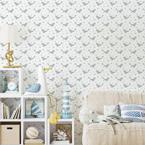 Blue Tiny Whales Wallpaper S085 - CostaCover - Peel and stick Removable Wallpaper - accent wallpaper - adhesive wallpaper - baby bedroom