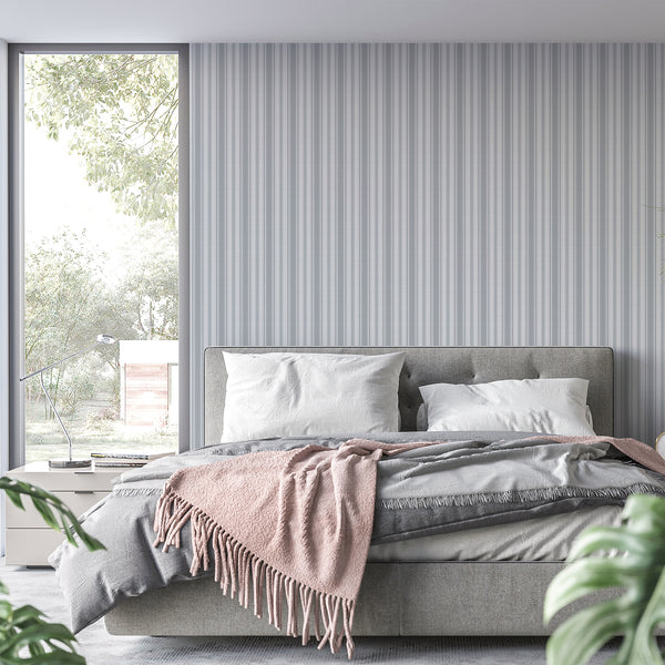 Classic blue gray striped wallpaper with repeating narrow lines and subtle woven-style texture, perfect for English cottage, coastal, and French country interiors.