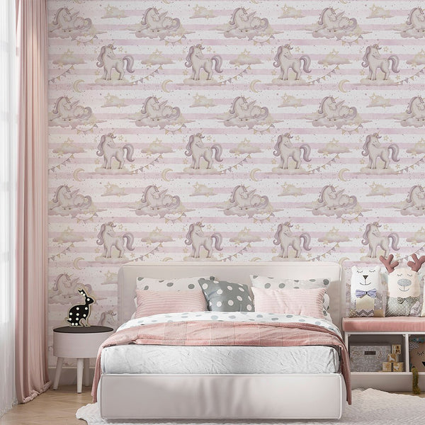 Pink Unicorns & Stripes Wallpaper A040 - CostaCover-Peel and stick Removable Wallpaper-accent wallpaper-adhesive wallpaper-baby bedroom