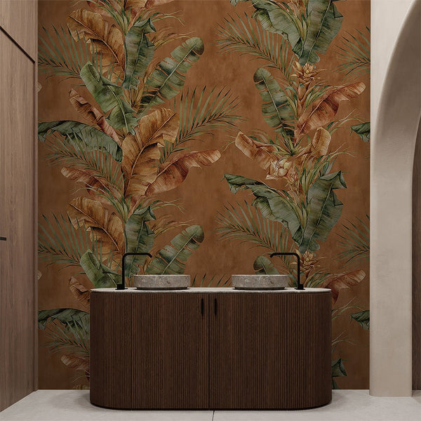 Terracotta Tropical Leaves Wallpaper A129 - CostaCover - Peel and stick Removable Wallpaper - accent wallpaper - adhesive wallpaper - bathroom wallpaper
