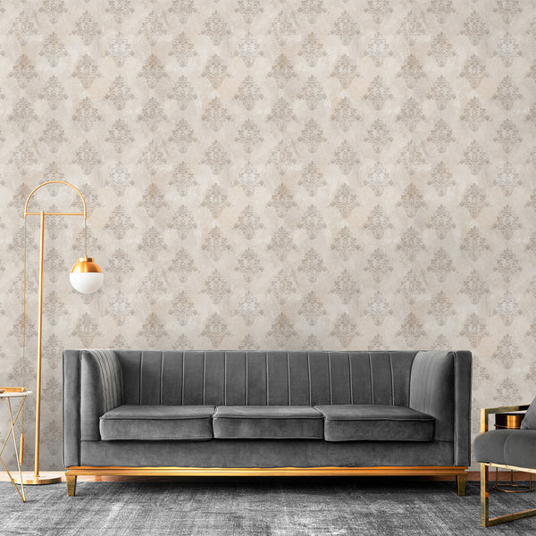 Antique-inspired beige wallpaper with faded damask floral motifs and distressed texture, creating an elegant old world look for bedrooms and living rooms.